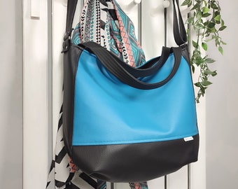 teal leather crossbody bag, convertible hobo tote for women, blue school shoulder purse, vegan messenger handbag, sister birthday gift