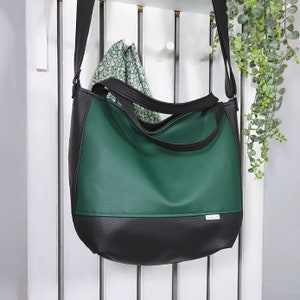 large dark green crossbody purse, vegan messenger bag, soft leather handbag, aesthetic tote with zipper, gift for women