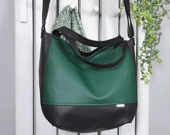 grand sac à main bandoulière vert foncé, sac messager végétalien, sac à main en cuir souple, fourre-tout esthétique avec fermeture éclair, cadeau pour femme