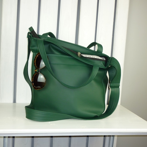 green boho crossbody hobo tote bag, small shoulder purse, large dark green vegan leather designer handbag