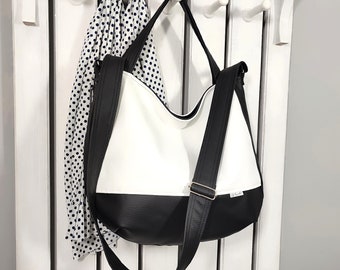 leather black and white hobo bag, minimalist crossbody tote, vegan shoulder purse, novelty faux leather designer handbag