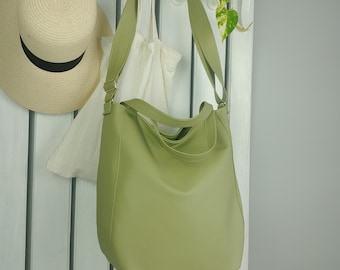 Olive green crossbody shoulder bag purse, cross body hobo handbag for women, large vegan leather boho tote for work