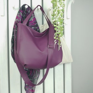 Large purple leather tote, fall crossbody bag, sling shoulder handbag for women, soft leather hobo with zipper, simple boho messenger purse