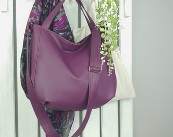 Large purple leather tote, fall crossbody bag, sling shoulder handbag for women, soft leather hobo with zipper, simple boho messenger purse