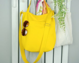 Simple leather hobo crossbody tote, womens bag for vegan women, custom minimalist work cross body handbag, large yellow messenger handbags