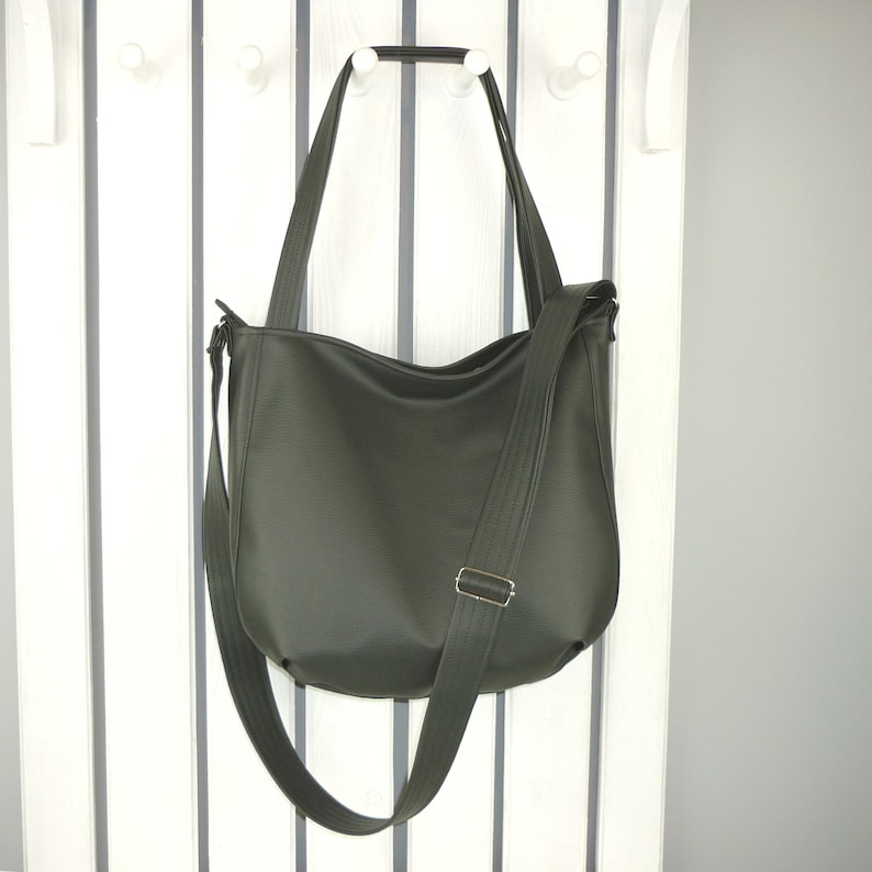 Black vegan leather crossbody tote bag large sling shoulder Etsy