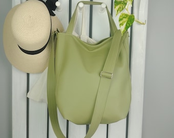 Large vegan leather work bag, olive green tote purse for women, hobo bag crossbody, everyday slouch soft handbag