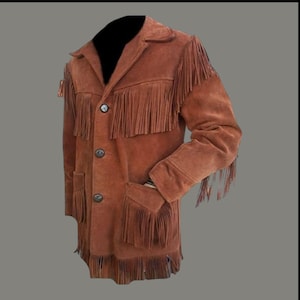Men Native Western Wear Suede Leather Handmade Beaded & Fringed Coat Jacket, Men&#39;s  Beaded Cowboy Suede Leather Jacket, Fringed Jacket