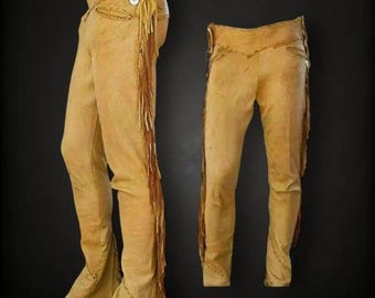 Men's Brown Buckskin Suede Cowboy Pants: Beaded Fringe, Vintage Style