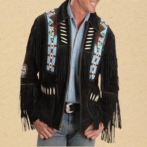 Men Western Wear Suede Leather Handmade Beaded & Fringed Coat Jacket, Men&#39;s Liberty Eagle Beaded Cowboy Suede Leather Jacket, Fringed Jacket