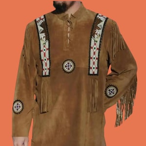 Men 100% Geniune Suede Leather Western Wear Cowboy Style Leather Shrit Fringes, Liberty Traditional Men Native Suede Shirt Jacket Coat