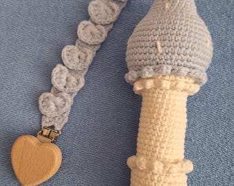 Crochet baby toy set – mushroom rattle and pacifier clip with clasp | Gift for baby boy’s christening or newborn welcome celebration