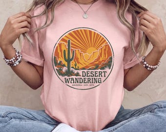 Retro-T-Shirt mit Wüstenkaktus-Motiv, Vintage-Western-Shirt mit Saguaro-Canyon-Motiv, süßes Reise-T-Shirt im Küsten-Cowgirl-Stil