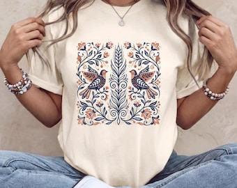 T-Shirt mit symmetrischem Sauerteigbäcker-Motiv im Folk-Art-Stil, Vintage-Shirt im skandinavischen Cottagecore-Stil für Brotliebhaber, Grafik-Shirt für ästhetische Backbegeisterte