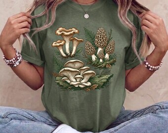 Vintage Cottagecore T-Shirt zum Thema Pilze sammeln, Botanisches Mykologie-Wissenschafts-T-Shirt mit Diagrammen, Retro-Waldpilz-Shirt in angenehmen Farben