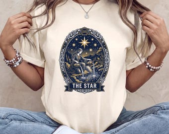 Mystisches T-Shirt mit Tarotkartenmotiv „Der Stern“, Vintage-Shirt mit Mond und Sternen im Gothic-Stil, himmlische Wicca-Kleidung