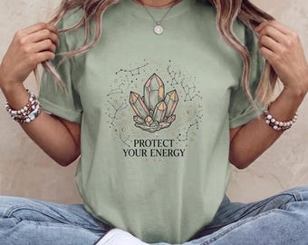 Schütze deine Energie – Himmlisches Kristall-T-Shirt, Mystisches Hexen-Quarz-Sternbild-Shirt, Spirituelles Grafik-T-Shirt mit positiver Ausstrahlung
