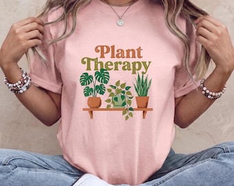 Botanisches Grafik-T-Shirt für Pflanzentherapie, Retro-T-Shirt für Pflanzenmütter aus den 70ern, Salbeigrünes ästhetisches Zimmerpflanzen-T-Shirt