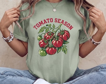 Retro-Gartenshirt mit Tomatenmotiv, Vintage-Gartenshirt im 90er-Jahre-College-Stil, Cottagecore-Bauernmarkt-T-Shirt in bequemen Farben für Damen