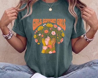 Mädchen unterstützen Mädchen – Retro-T-Shirt mit feministischem Grafikprint, Flower-Power-T-Shirt für Schwesternschaft, Vintage-Kleidung mit Blumenmotiv für Frauen