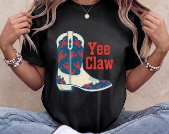 T-Shirt mit Küsten-Cowgirl-Motiv und Yee-Claw-Grafik, lustiges Western-Cowboy-Stiefel-Hummer-Shirt, Retro-Strand-Bekleidung in bequemen Farben