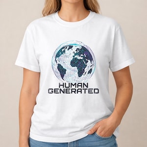 May include: A white short-sleeve t-shirt featuring a graphic of the Earth surrounded by a network of thin, intersecting blue and purple lines. Below the globe, the text "HUMAN GENERATED" is printed in a bold, dark, distressed-style font.