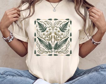 Vintage Cottagecore T-Shirt mit Wildblumenmotiv, botanischem Baumring- und Farnmotiv, minimalistischem Boho-Wiesenblumen-Shirt