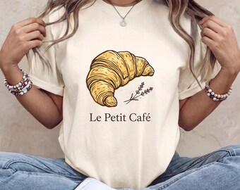 Pariser Café-Croissant-T-Shirt mit Grafik, ästhetisches französisches Bäckerei-Gebäck-T-Shirt, süßes Vintage-Café-Shirt in Wohlfühlfarben