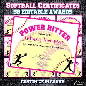 以下が含まれることがあります： 「SOFTBALL CERTIFICATES 50 EDITABLE AWARDS」の文字が入ったピンクと黄色のソフトボール証明書。メインの証明書には「POWER HITTER」と書かれており、名前、コーチの署名、日付が含まれています。ソフトボール選手のシルエットも表示されています。