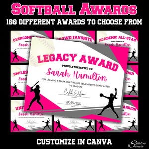 Puede incluir: Una colección de premios de softbol en rosa y blanco, con el texto "SOFTBALL AWARDS" en la parte superior. Los premios presentan siluetas de jugadores de softbol y texto como "LEGACY AWARD" y "Sarah Hamilton". La imagen también incluye el texto "CUSTOMIZE IN CANVA".