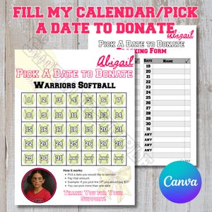 Softball Calendar Fundraiser Template | Softball Pick a Date to Donate Calendar Canva Template Calendar and Pledge Tracking Form