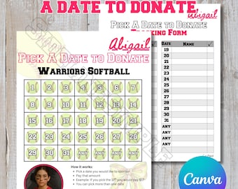 Softball Calendar Fundraiser Template: Pick a Date to Donate (Canva Editable, Digital Download)