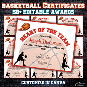 May include: Basketball certificates with the text "Basketball Certificates 50+ Editable Awards". The certificates have a basketball theme with a basketball graphic and silhouettes of basketball players. The main certificate reads "Heart of the Team".