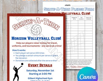 Volleyball Serve-A-Thon Flyer & Pledge Form: Editable Canva Template