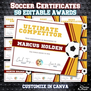Certificats de récompense de football modifiables - Plus de 50 modèles de fin de saison imprimables | Certificats de reconnaissance d'équipe et d'entraîneur
