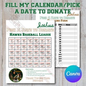 Baseball Calendar Fundraiser Template | Baseball Pick a Date to Donate Calendar Canva Template Calendar and Pledge Tracking Form