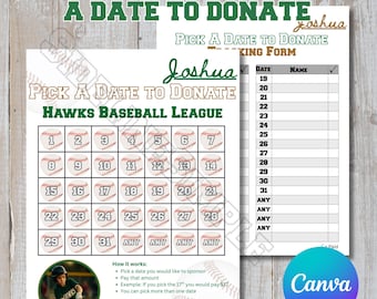 Baseball Calendar Fundraiser Template: Pick a Date to Donate (Canva Editable, Digital Download)