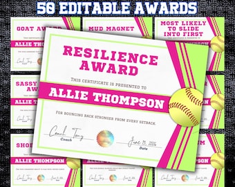 May include: Softball certificates with editable awards. The main certificate reads "Resilience Award" and is presented to "Allie Thompson." The design features a softball graphic and the text "Customize in Canva."