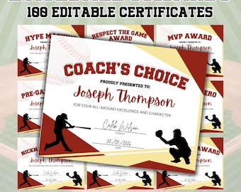 Editable Baseball Award Certificates: 100 Printable Canva Templates (Digital Download)