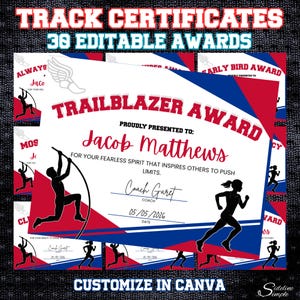 May include: A stack of track and field certificates with red, white, and blue accents. The certificates feature the text "Trailblazer Award" and include space for a name, coach's signature, and date. The image also includes the text "Track Certificates 38 Editable Awards."