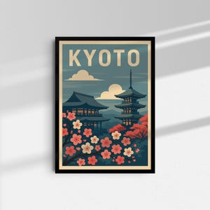 Japanese Travel Poster – Kyoto Wall Print, Japan Temple Art, Cherry Blossom Landscape