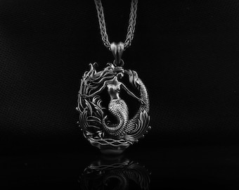 Marmaid silver man necklace pendant with moon and stars symbol, Mermaid siren charm necklace, Sailior silver gift jewelry for mothers day.
