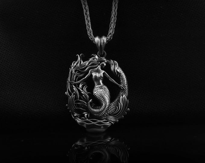 Marmaid silver man necklace pendant with moon and stars symbol, Mermaid siren charm necklace, Sailior silver gift jewelry for mothers day.