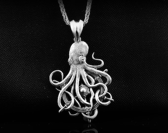 Sterling Silver Octopus Necklace – Kraken Pendant, Nautical Sea Creature Jewelry, Ocean-Inspired Statement Gift for men and women.
