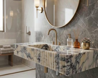 Lavabo de mármol, lavabo acanalado, lavabo rectangular para baño, lavabo de tocador de piedra natural, lavabo moderno de mármol