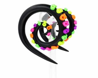Elegant Black Tentacle Earrings – Neon Spiral Fake Gauges or Plugs Size 6G-1”