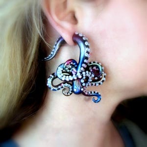 Steampunk Octopus Tentacle Earrings: Iridescent Titanium Finish, Faux Gauge
