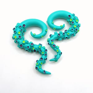 Turquoise Octopus Tentacle Earrings 6G–1&quot; – Fake Gauges or Stretched Ears – Festival, Beach, Party Vibes – Fun Statement Jewelry