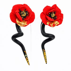 Black Poppy Statement Earrings – Red Foil Boho Plugs or Gauges