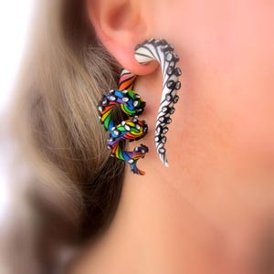Rainbow Kraken Tentacle Octopus Earrings | Spiral Gauges or Fake Plugs 6G–1” | Contrast Black Line | Pride Ocean Fantasy Jewelry